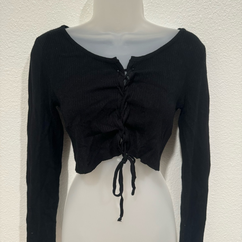 aster black long sleeve caged lace up front tie ribbed shirt top blouse